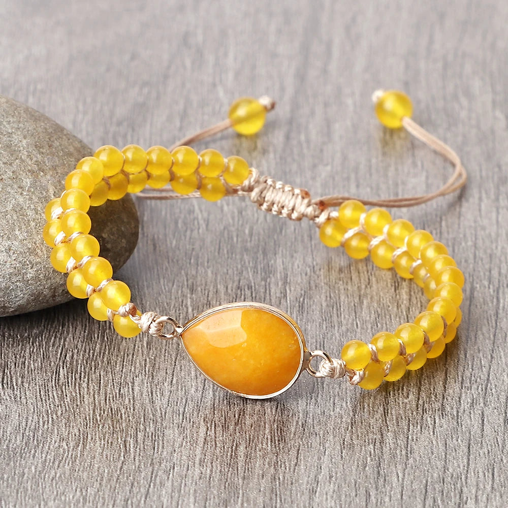 Natural Stone Pendant Bracelet Round Square Yellow Chalcedony 4mm Bead Braided Rope Fashion Charm Bangles For Woman Man Jewelry