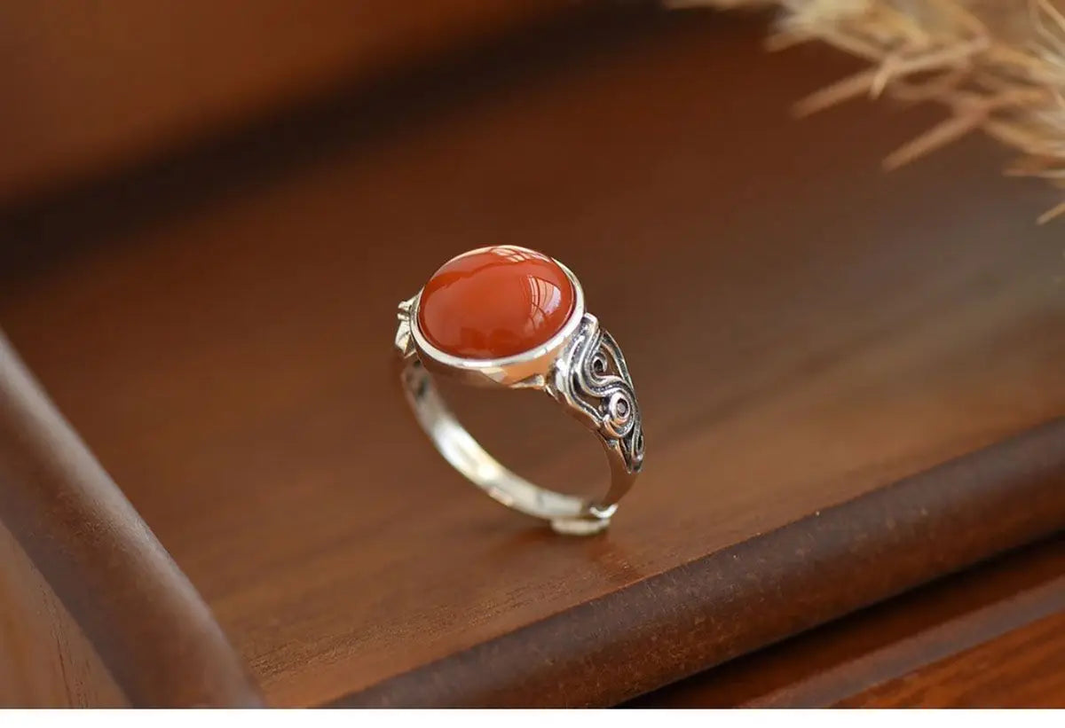 Vintage Ethnic Style Classic Southern Red Tourmaline Round Rings for Women Ring Banquet Party design Silver Jewelry gift
