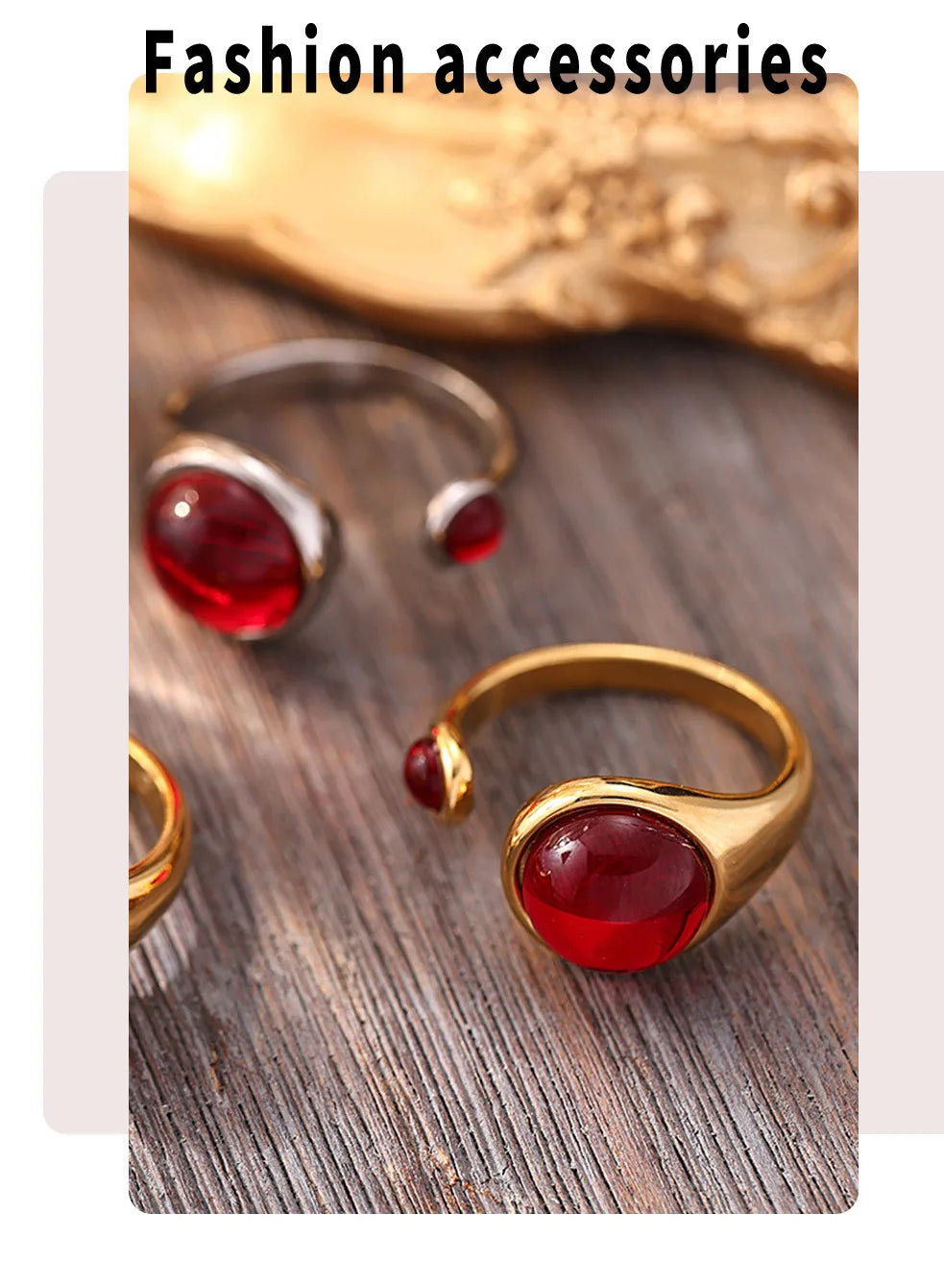 Garnet Red Stainless Steel Rings For Women Garnet Gold Plated Waterproof Round Ring Charm Luxury Jewelry Gift Wholesale