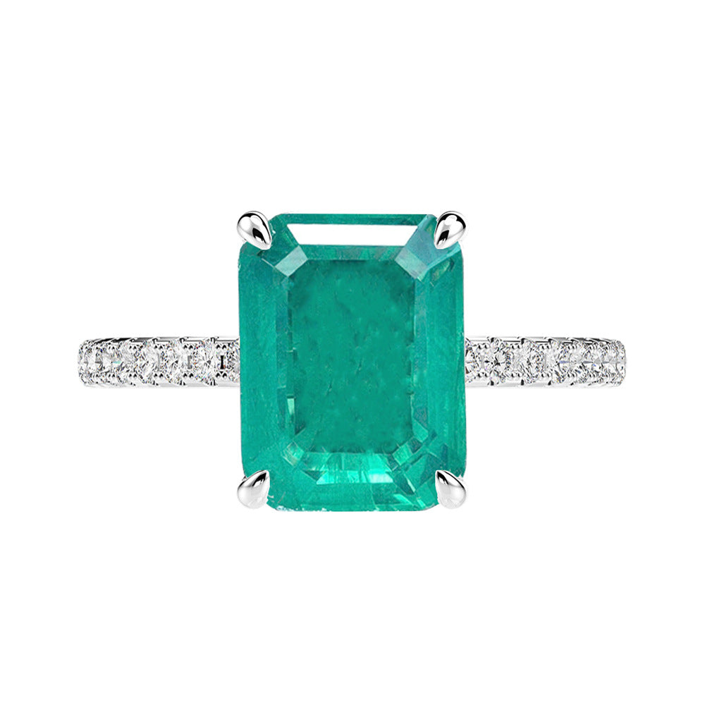 Fashionable 8 * 10mm Rectangular Chamfered Simulated Emerald Pure Silver Emerald Ring Jewelry