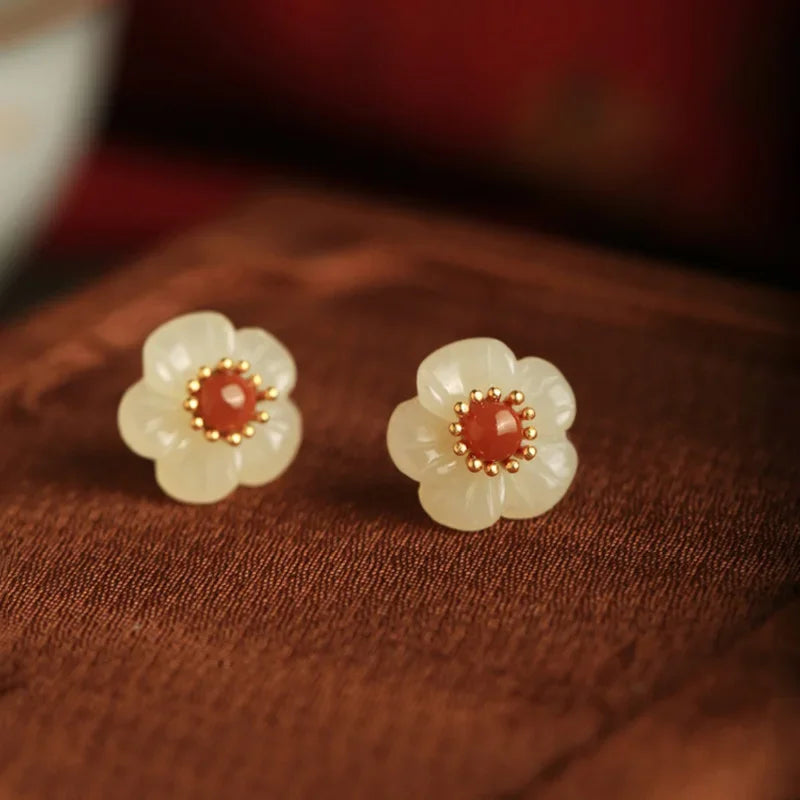 Natural Hotan Jade White Flower earrings for women Vintage South Red Tourmaline Plum Blossom earings stud Chinese Style Jewelry