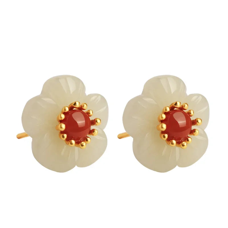 Natural Hotan Jade White Flower earrings for women Vintage South Red Tourmaline Plum Blossom earings stud Chinese Style Jewelry