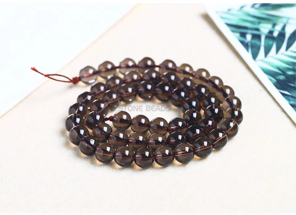 خرز كريستالي دائري ناعم وشفاف من الكوارتز الدخاني الطبيعي الأصلي، خرز فاصل فضفاض لصنع المجوهرات وإكسسوارات القلائد والأساور