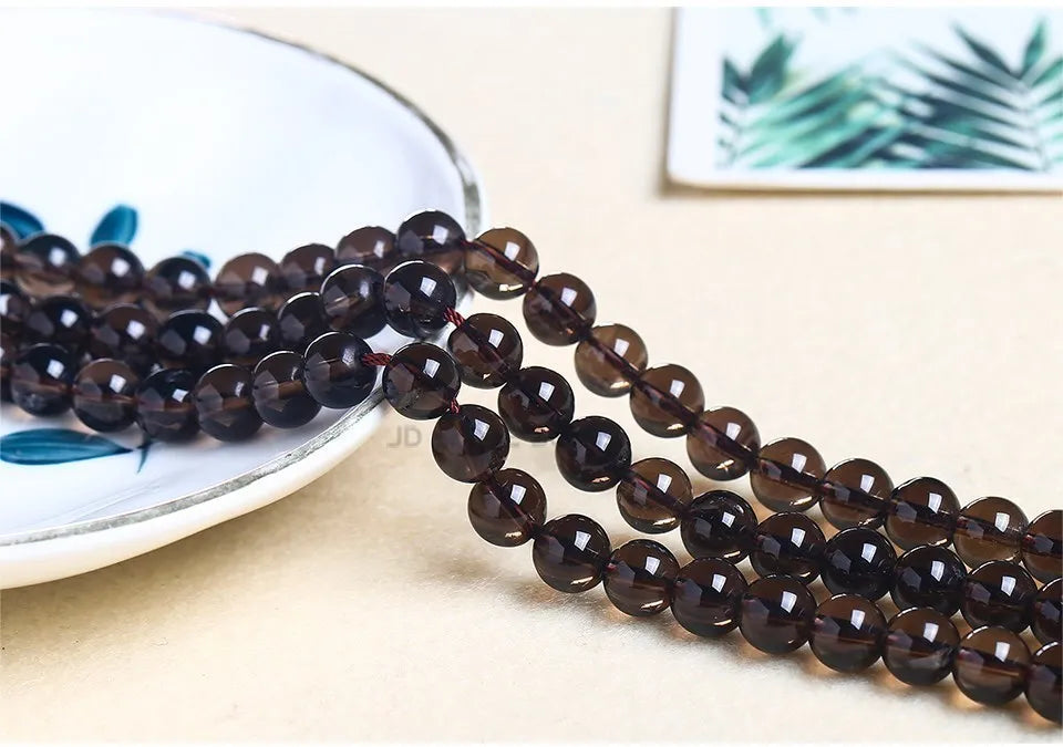 خرز كريستالي دائري ناعم وشفاف من الكوارتز الدخاني الطبيعي الأصلي، خرز فاصل فضفاض لصنع المجوهرات وإكسسوارات القلائد والأساور