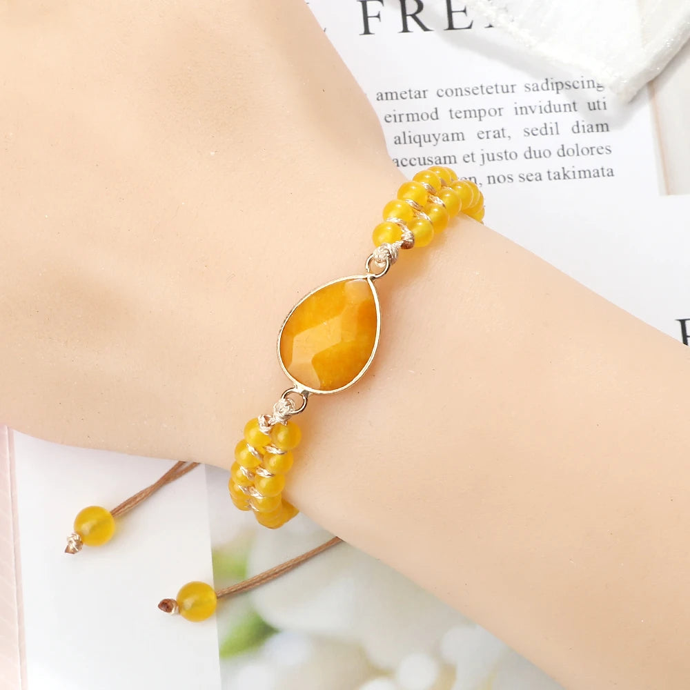 Natural Stone Pendant Bracelet Round Square Yellow Chalcedony 4mm Bead Braided Rope Fashion Charm Bangles For Woman Man Jewelry