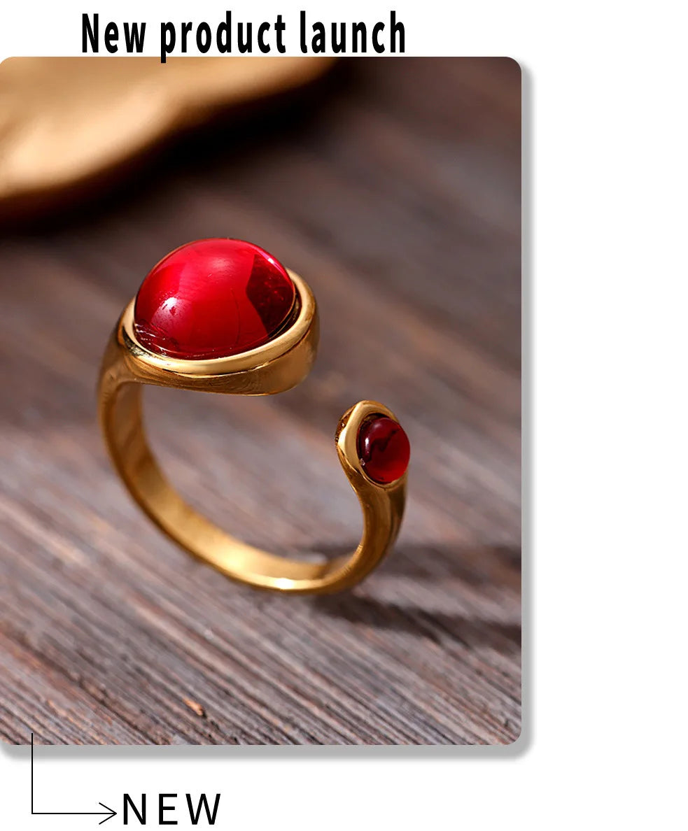 Garnet Red Stainless Steel Rings For Women Garnet Gold Plated Waterproof Round Ring Charm Luxury Jewelry Gift Wholesale