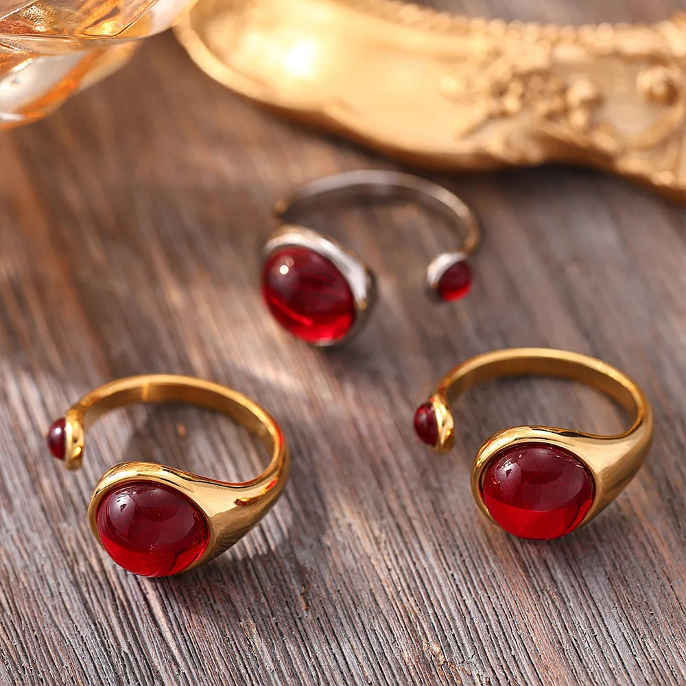 Garnet Red Stainless Steel Rings For Women Garnet Gold Plated Waterproof Round Ring Charm Luxury Jewelry Gift Wholesale