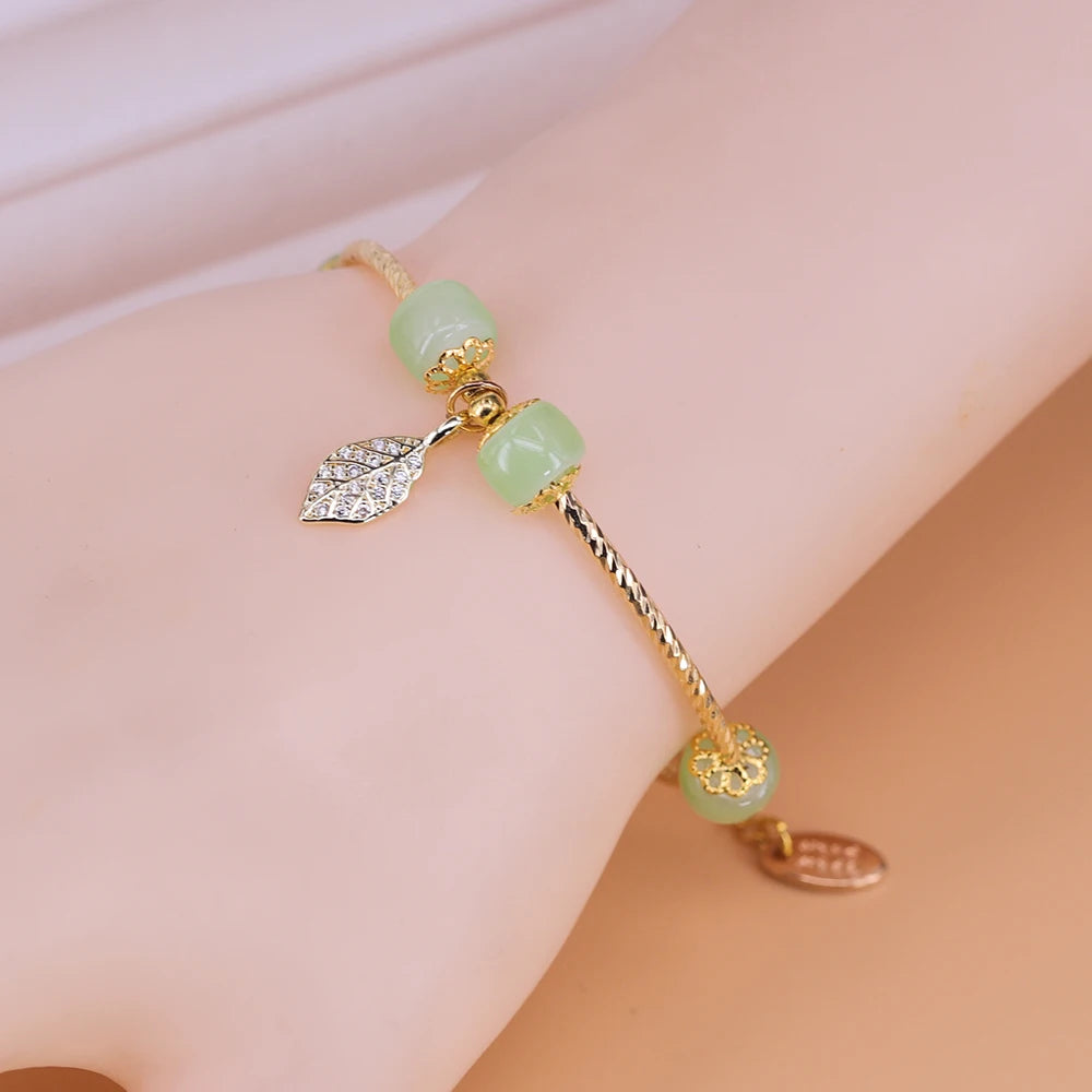 VENTFILLE Gold Color For Women's Hetian Jade Bracelet Leaves Double Layer Jewelry Girls Gifts Dropshipping