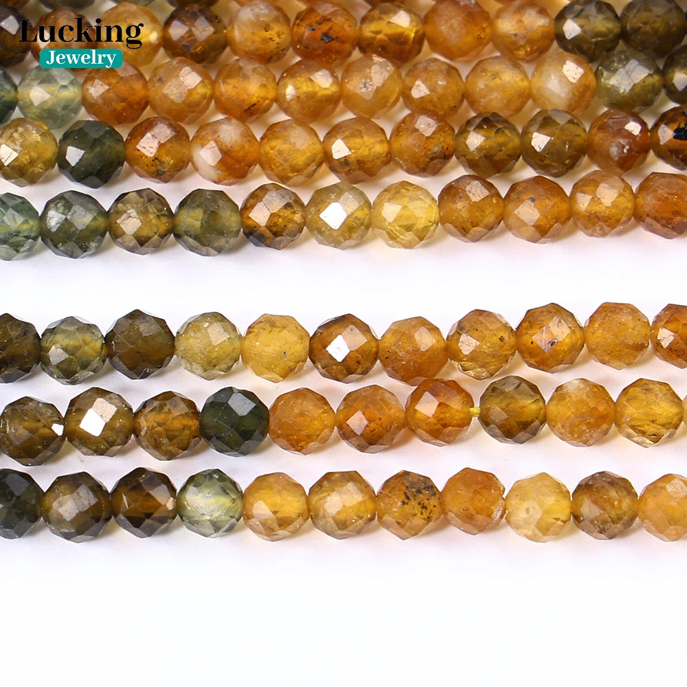 خرز متعدد الأوجه من حجر التورمالين الأصفر الطبيعي A+، مقاس 2-4 مم، متدرج الألوان، مناسب لصنع المجوهرات، وبلورات الشفاء، والحرف اليدوية، والهدايا الروحية