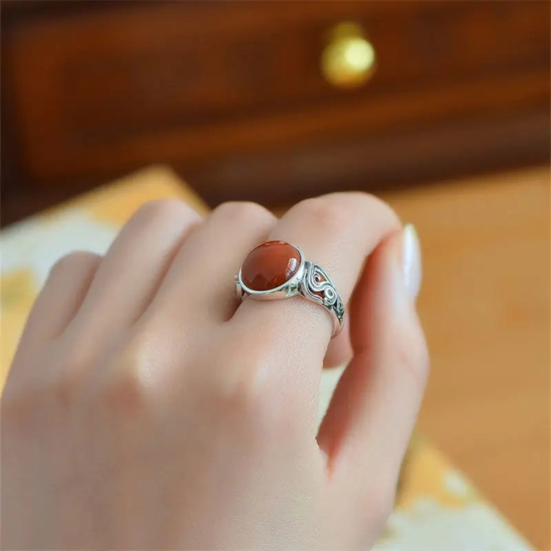 Vintage Ethnic Style Classic Southern Red Tourmaline Round Rings for Women Ring Banquet Party design Silver Jewelry gift