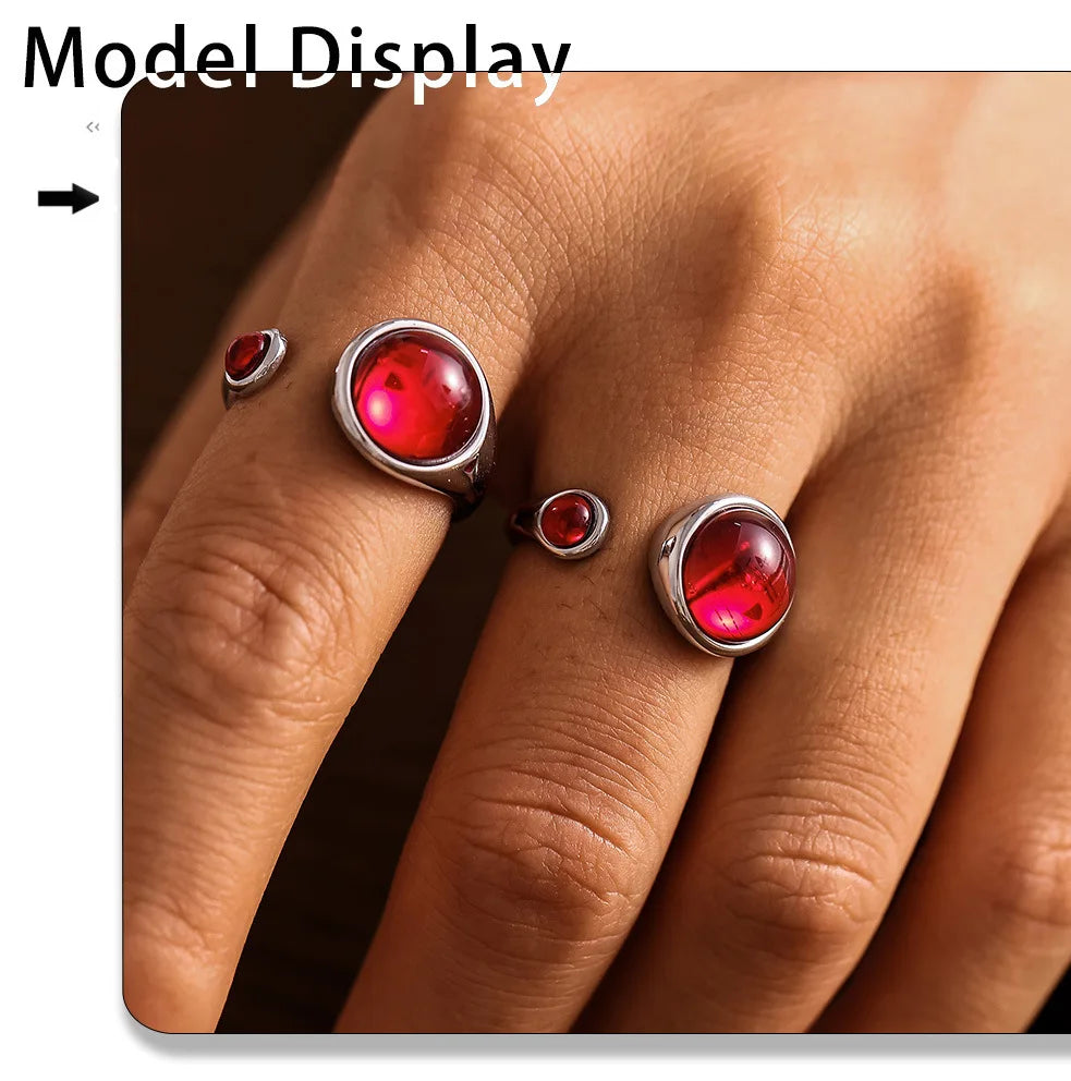 Garnet Red Stainless Steel Rings For Women Garnet Gold Plated Waterproof Round Ring Charm Luxury Jewelry Gift Wholesale