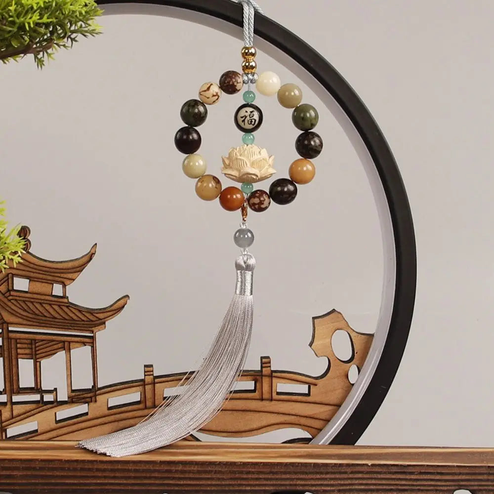 Wood Carved Bodhi Car Rearview Mirror Bodhi Pendant Bead Classical Lotus Statue Car Pendant Fengshui Lucky Home Decor