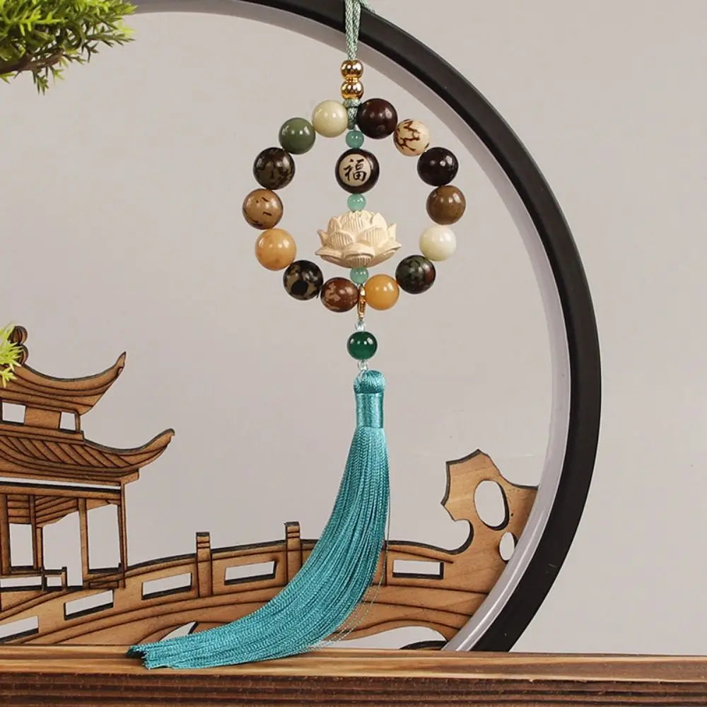Wood Carved Bodhi Car Rearview Mirror Bodhi Pendant Bead Classical Lotus Statue Car Pendant Fengshui Lucky Home Decor