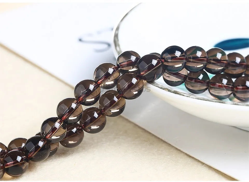 خرز كريستالي دائري ناعم وشفاف من الكوارتز الدخاني الطبيعي الأصلي، خرز فاصل فضفاض لصنع المجوهرات وإكسسوارات القلائد والأساور