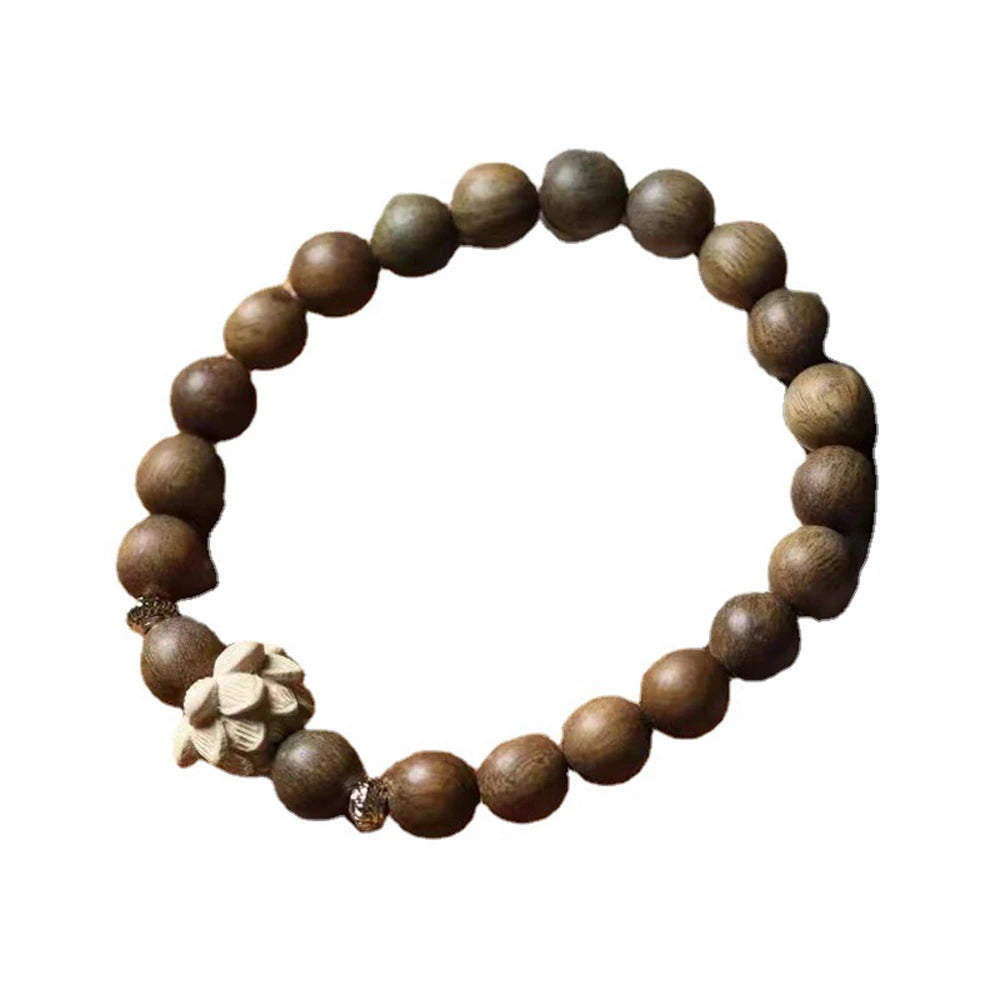 Sandalwood Wooden Beaded Bracelet Unisex's Peach Wood Lotus Carving Beads Bodhi Tibetan Buddhist Prayer Wrist Mala Bracelet
