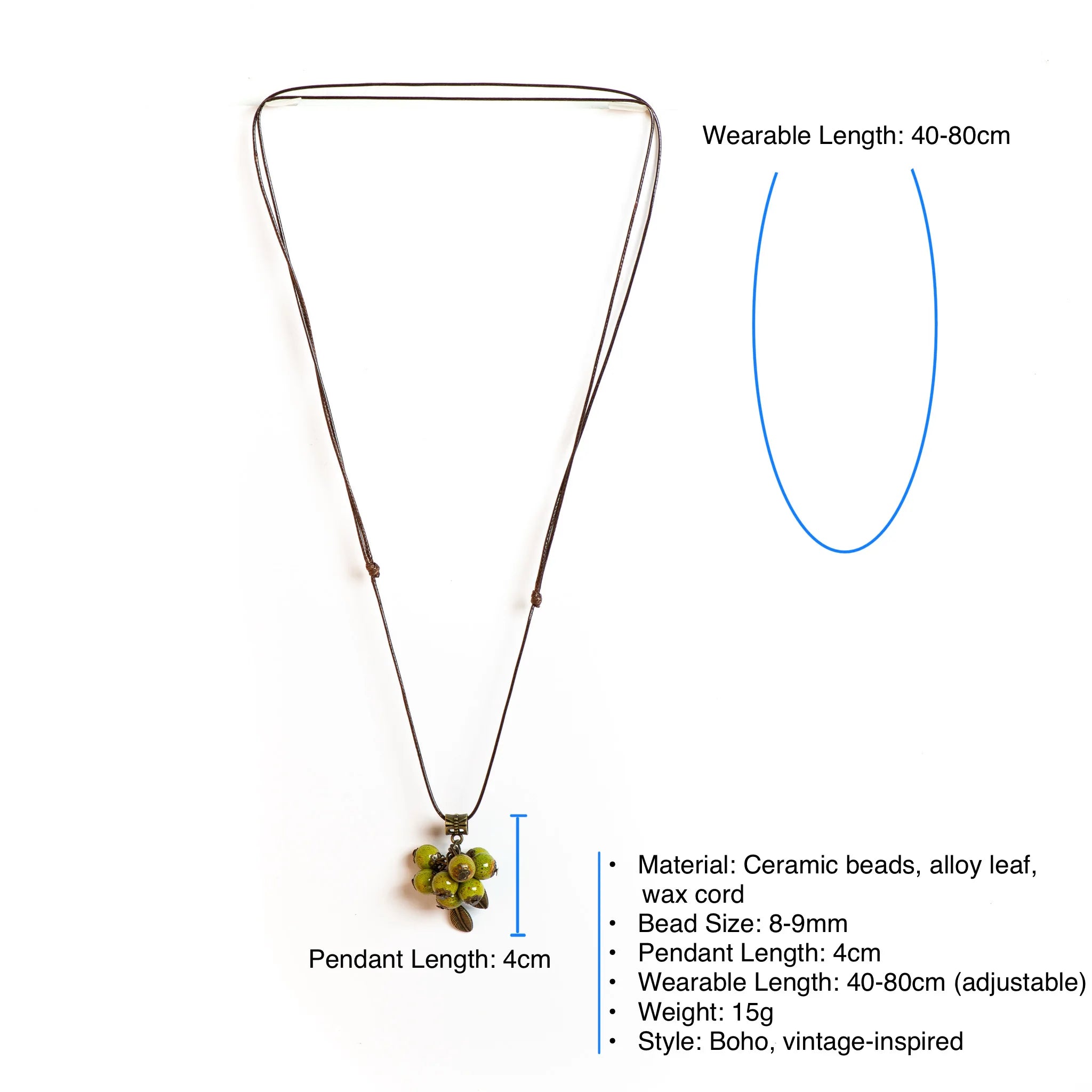 Handmade Adjustable Long Necklace Ceramic Beads Boho Style Pendant Multicolor Jewelry