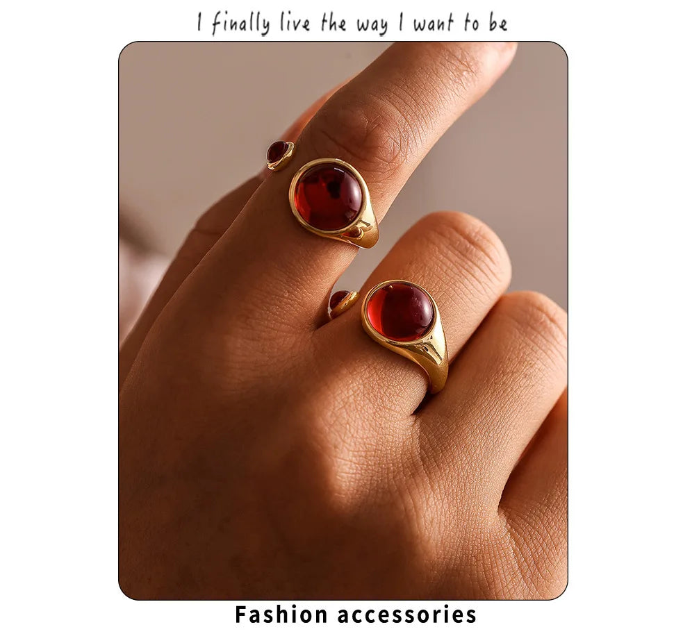 Garnet Red Stainless Steel Rings For Women Garnet Gold Plated Waterproof Round Ring Charm Luxury Jewelry Gift Wholesale