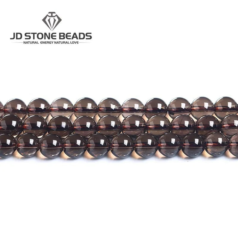 خرز كريستالي دائري ناعم وشفاف من الكوارتز الدخاني الطبيعي الأصلي، خرز فاصل فضفاض لصنع المجوهرات وإكسسوارات القلائد والأساور