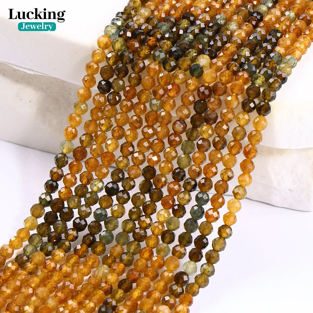 خرز متعدد الأوجه من حجر التورمالين الأصفر الطبيعي A+، مقاس 2-4 مم، متدرج الألوان، مناسب لصنع المجوهرات، وبلورات الشفاء، والحرف اليدوية، والهدايا الروحية