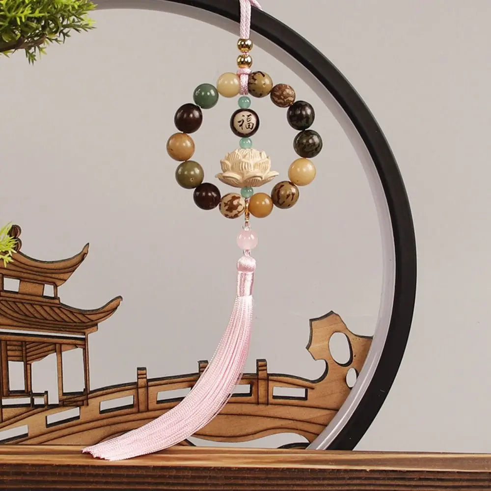 Wood Carved Bodhi Car Rearview Mirror Bodhi Pendant Bead Classical Lotus Statue Car Pendant Fengshui Lucky Home Decor