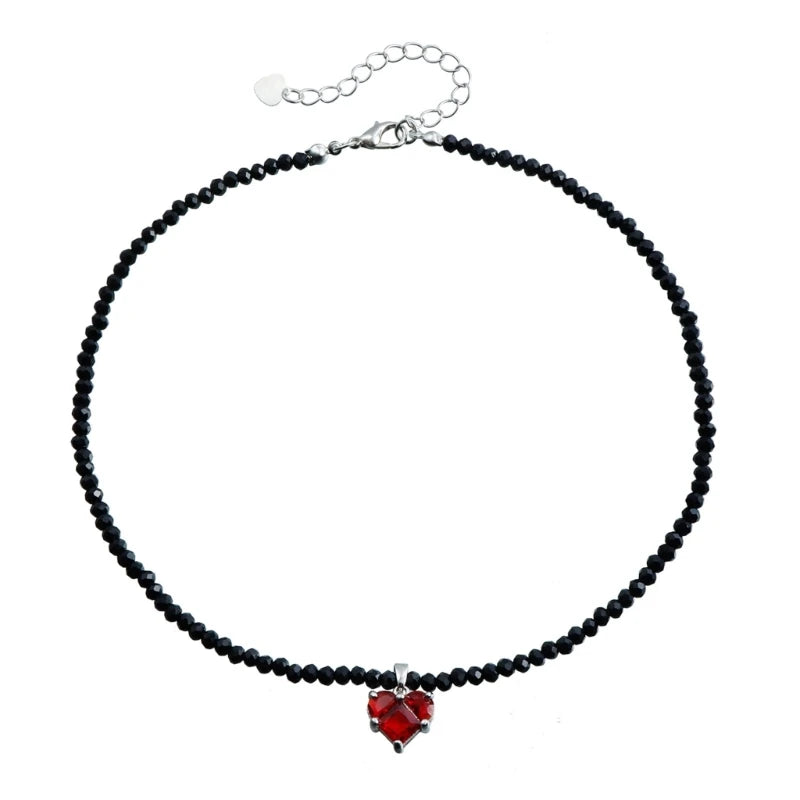 Black Crystal Beaded Heart Pendant Necklace Adjustable Length Neckchain Stylish Choker Women Accessory Fashion Jewelry