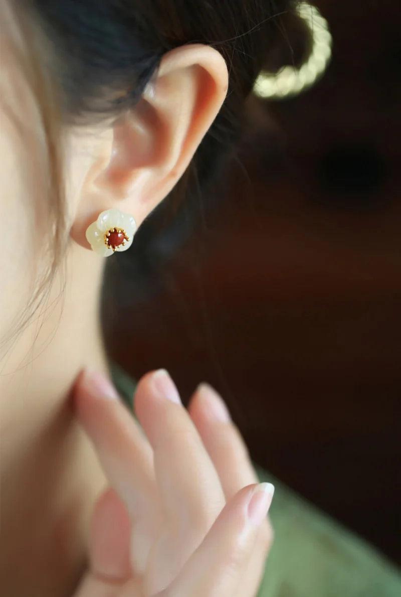 Natural Hotan Jade White Flower earrings for women Vintage South Red Tourmaline Plum Blossom earings stud Chinese Style Jewelry