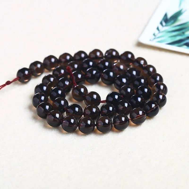 خرز كريستالي دائري ناعم وشفاف من الكوارتز الدخاني الطبيعي الأصلي، خرز فاصل فضفاض لصنع المجوهرات وإكسسوارات القلائد والأساور