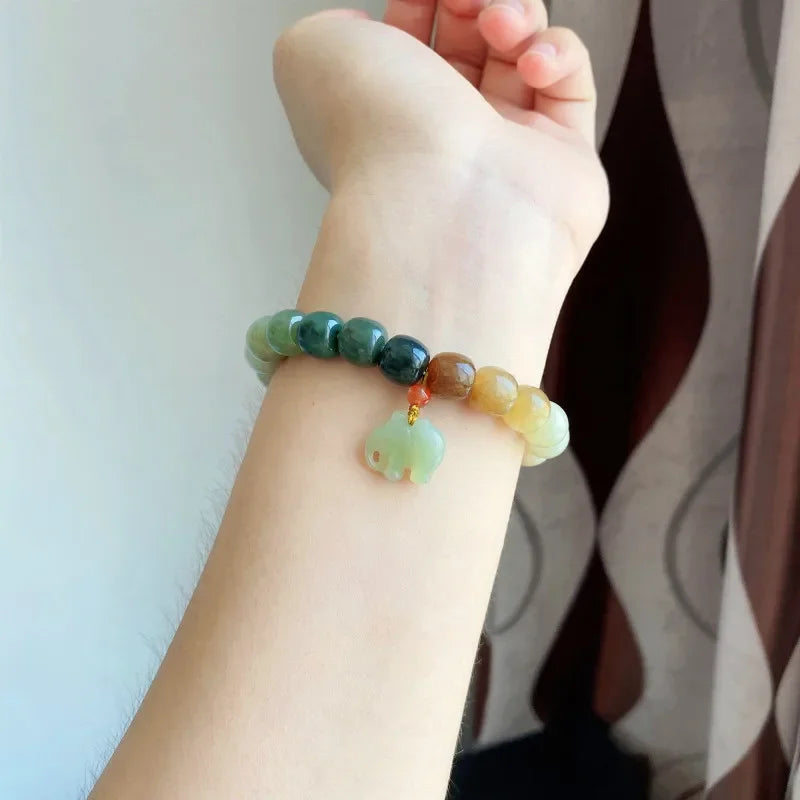 Handmade Hetian Jade Elephant Bracelet – Natural Gradient Qing Shui Nephrite Beads (Vintage Fine Jewelry)