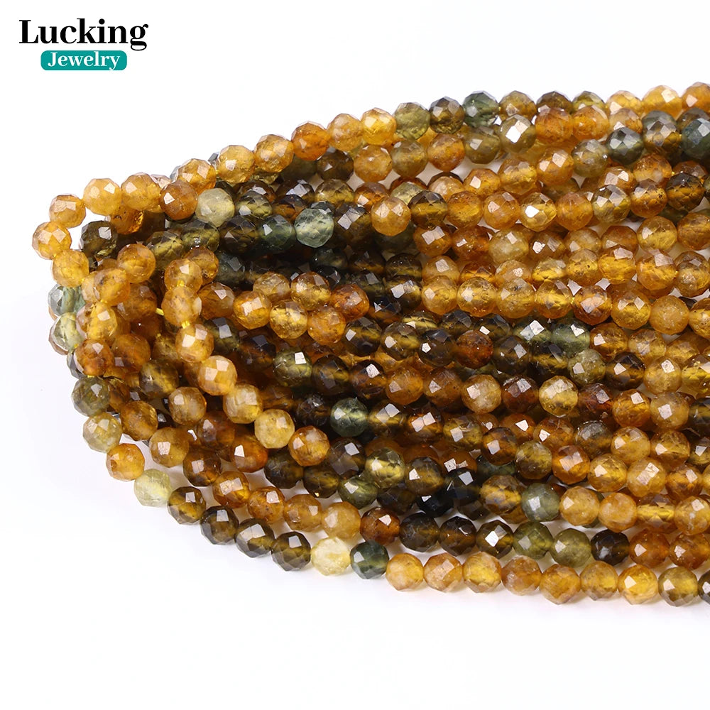 خرز متعدد الأوجه من حجر التورمالين الأصفر الطبيعي A+، مقاس 2-4 مم، متدرج الألوان، مناسب لصنع المجوهرات، وبلورات الشفاء، والحرف اليدوية، والهدايا الروحية