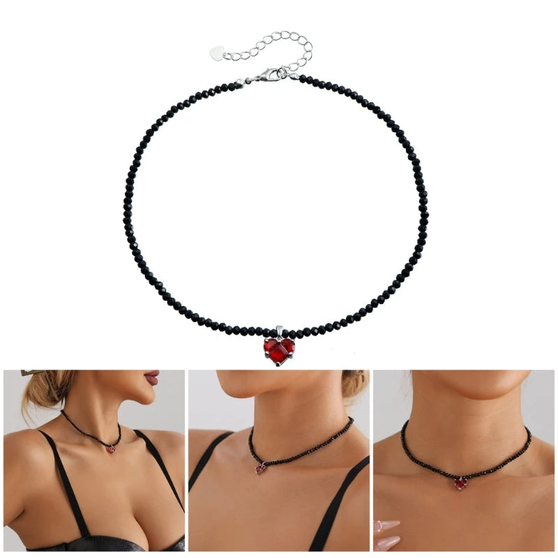 Black Crystal Beaded Heart Pendant Necklace Adjustable Length Neckchain Stylish Choker Women Accessory Fashion Jewelry