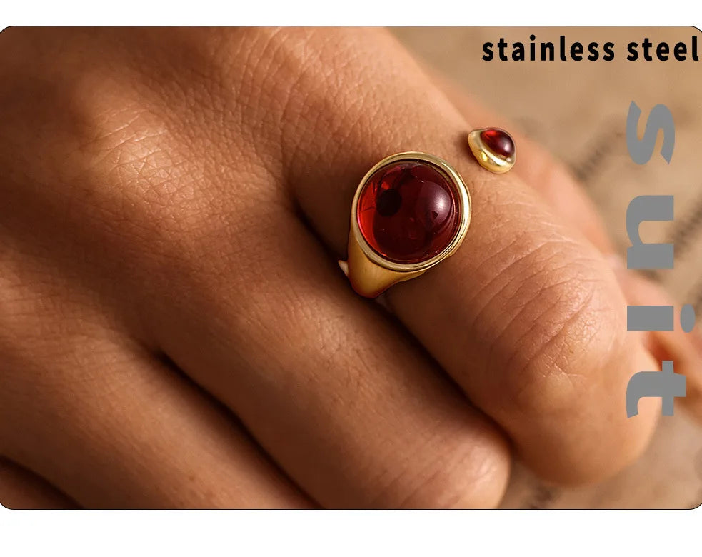 Garnet Red Stainless Steel Rings For Women Garnet Gold Plated Waterproof Round Ring Charm Luxury Jewelry Gift Wholesale