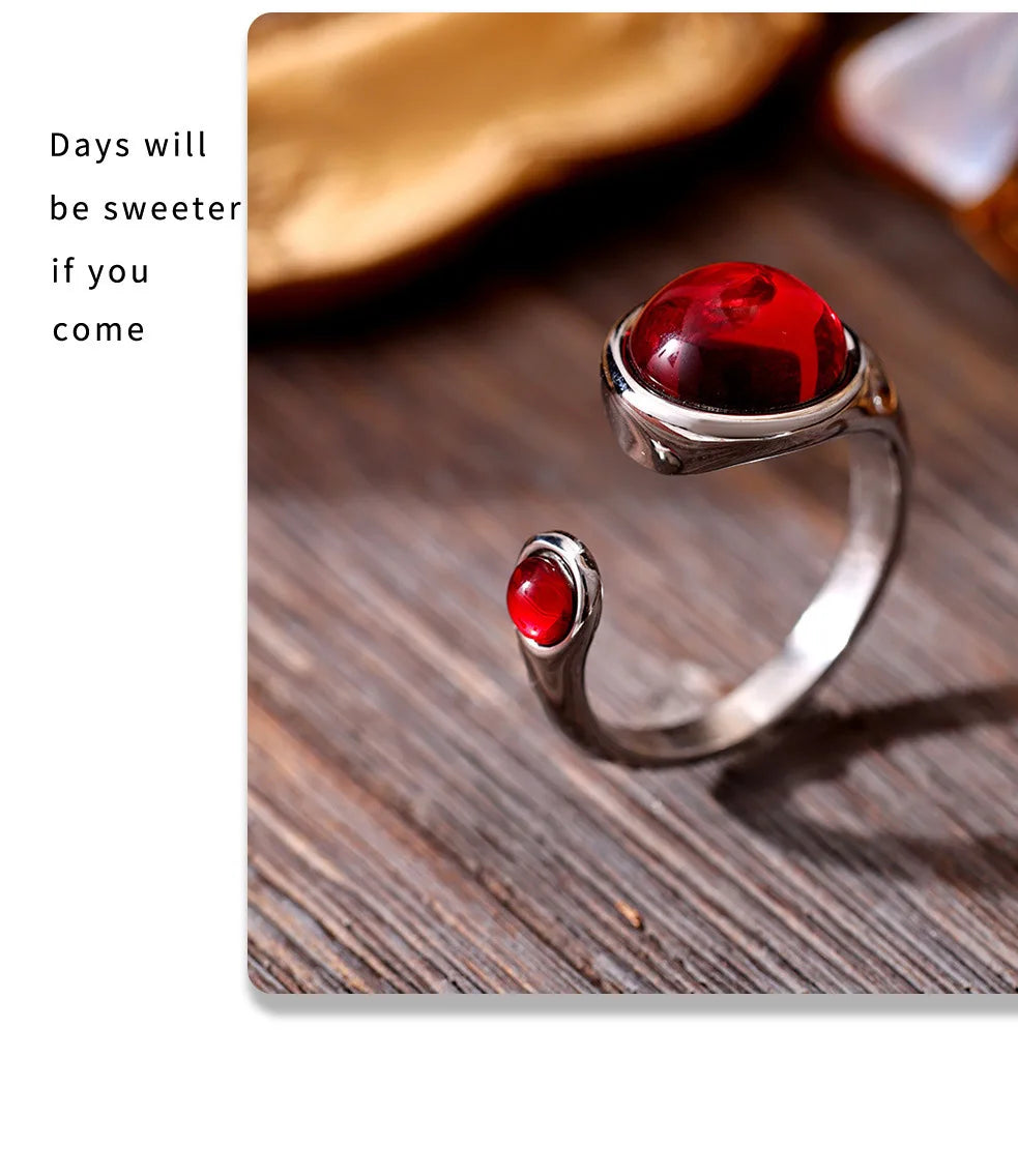 Garnet Red Stainless Steel Rings For Women Garnet Gold Plated Waterproof Round Ring Charm Luxury Jewelry Gift Wholesale