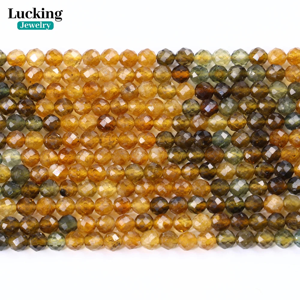 خرز متعدد الأوجه من حجر التورمالين الأصفر الطبيعي A+، مقاس 2-4 مم، متدرج الألوان، مناسب لصنع المجوهرات، وبلورات الشفاء، والحرف اليدوية، والهدايا الروحية