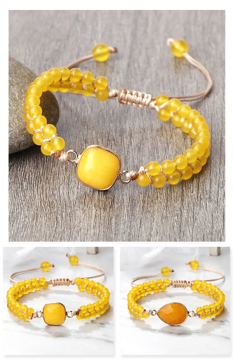 Natural Stone Pendant Bracelet Round Square Yellow Chalcedony 4mm Bead Braided Rope Fashion Charm Bangles For Woman Man Jewelry