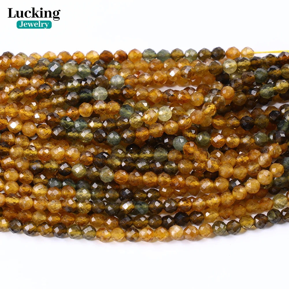 خرز متعدد الأوجه من حجر التورمالين الأصفر الطبيعي A+، مقاس 2-4 مم، متدرج الألوان، مناسب لصنع المجوهرات، وبلورات الشفاء، والحرف اليدوية، والهدايا الروحية