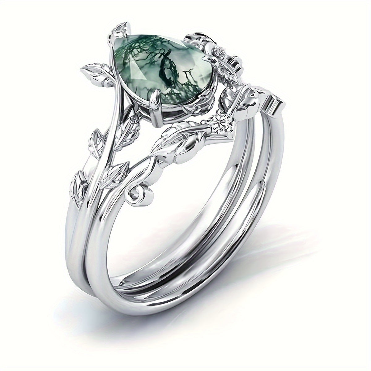 Elegant Moss Agate Promise Ring Set - 925 Sterling Silver, Natural Stone, Silver-Plated, Women's Engagement Wedding Jewelry with Unique Boho Design, Durable Construction, and Timeless Style