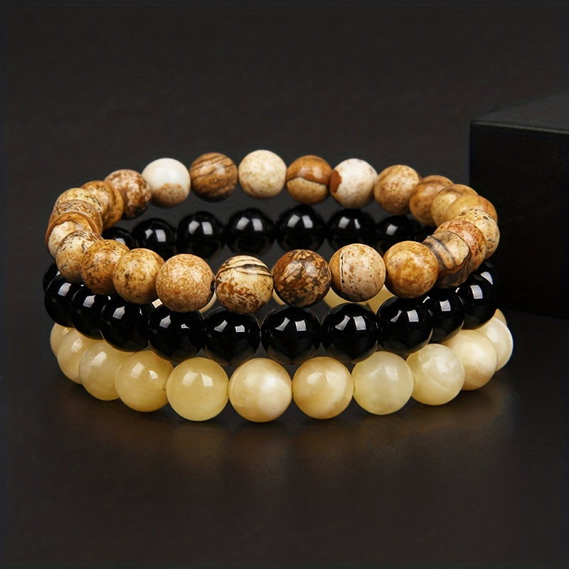 3pcs 8mm Natural Stone Beads Men's & Women's Bracelet: Rose Quartz & Agate Combination