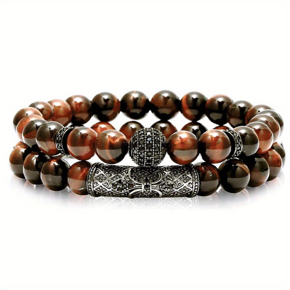 2pcs/set Trendy 8mm Tiger Eye Stone Round Beads Elastic Yoga Bracelet For Men, Holiday Birthday Gift For Boyfriends, Father's Day Gift