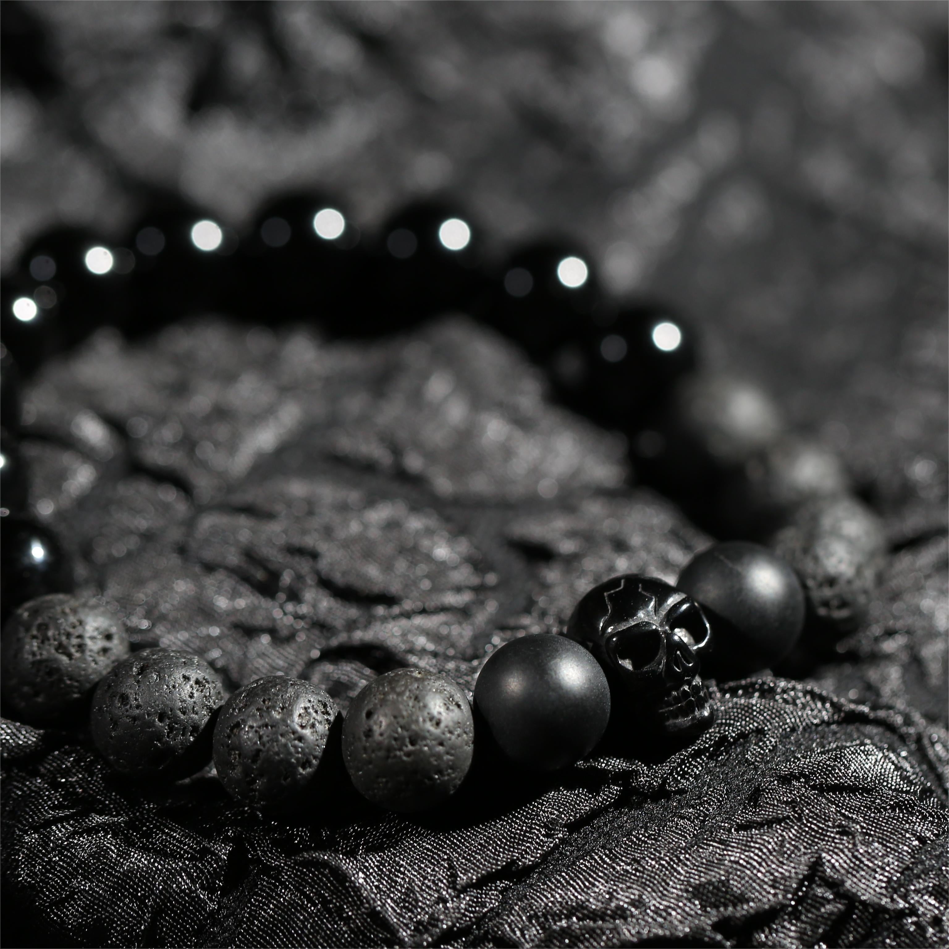 100% Handmade, Natural Black Agate Volcanic Stone Skull Bracelet, Available in Golden/Silver/Black, 10mm Beads, With Gift Box, Your Unisex Jewelry, Punk Style, Perfect Gift for Him/Her, Suitable for Anniversaries/Valentine's