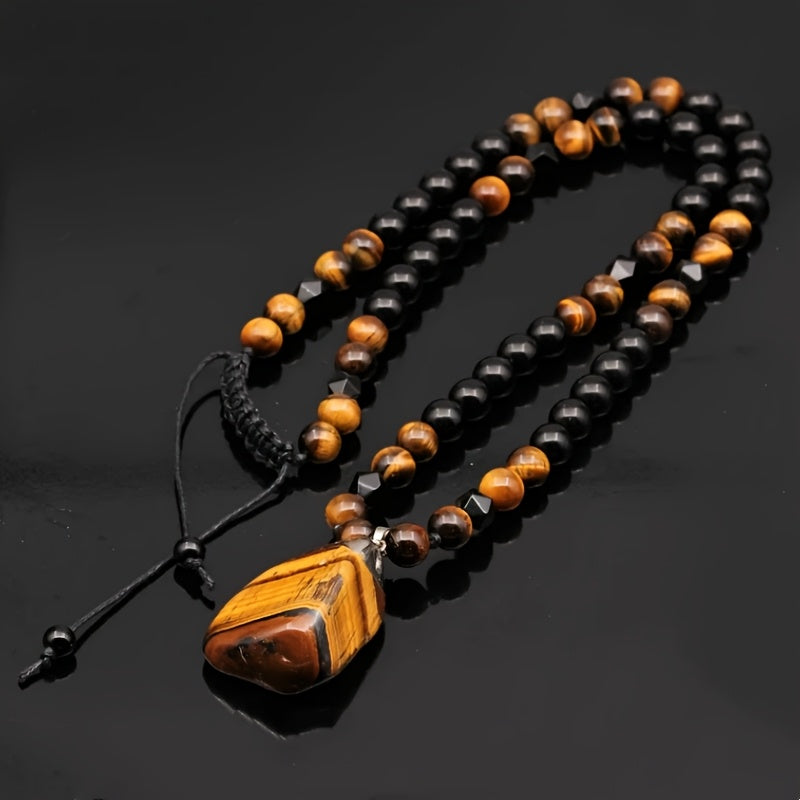 Men's 8mm Tiger Eye Stone Pendant Necklace - Adjustable Black Agate Beaded Long Chain, Unique Christmas Gift Idea