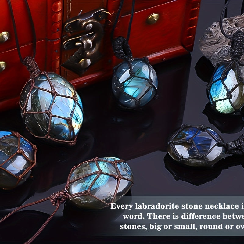1pcs Natural Labradorite Necklace Pendant Healing Crystal Stone Braided Black Tassel Labradorite Crystal Jewelry For Men Women