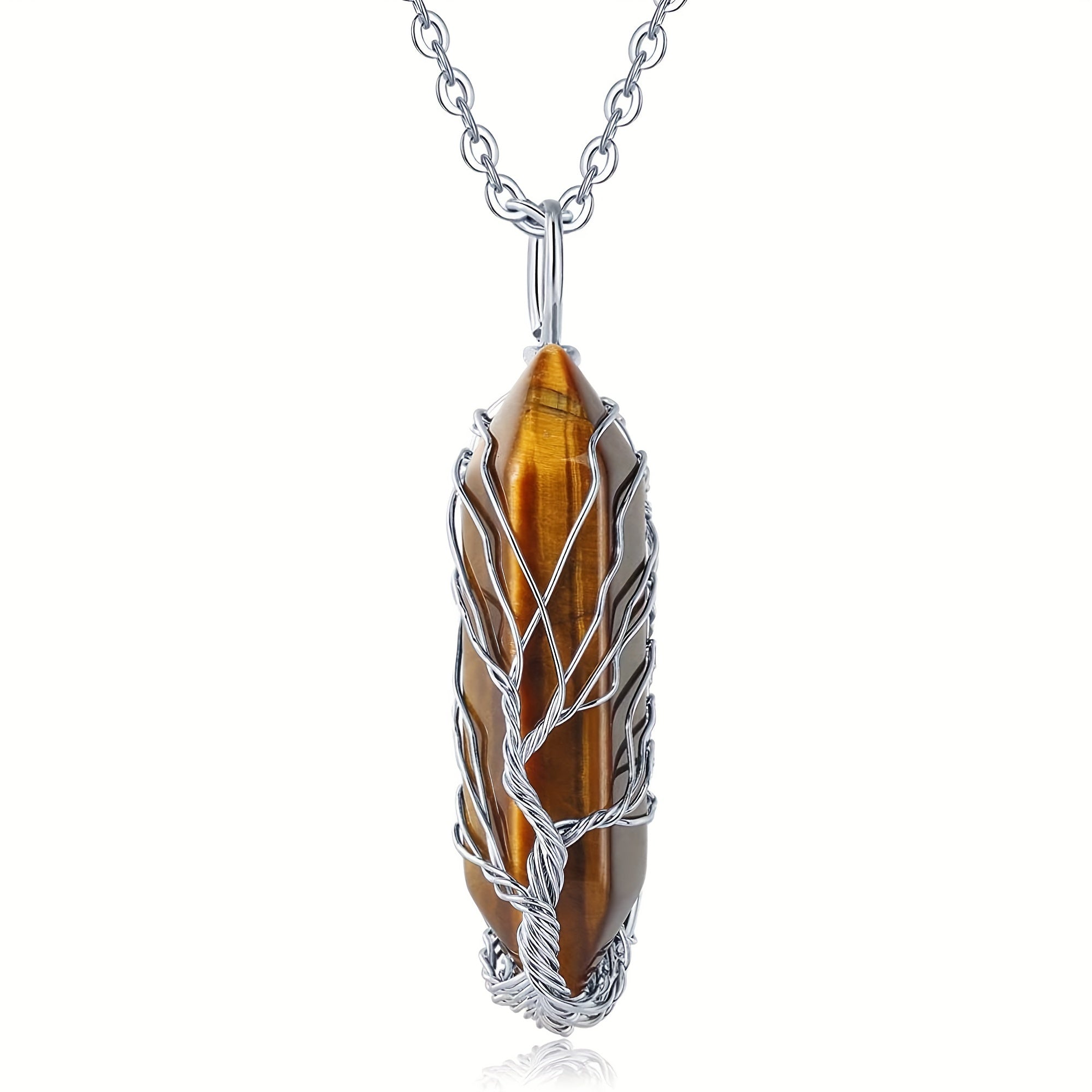 1pc Tree Of Life Wire Wrapped Crystal Point Pendant Necklace, Reiki Healing Crystal Stone Necklaces, Natural Hexagonal Gemstone Quartz Jewelry For Women