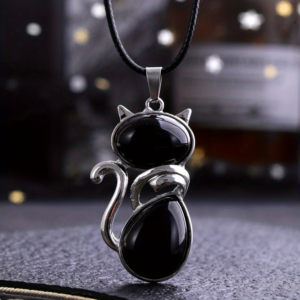 1pc Exquisite Artificial Crystal Stone Cat-Shaped Pendant Necklace, Fashion Jewelry Chain Accessory