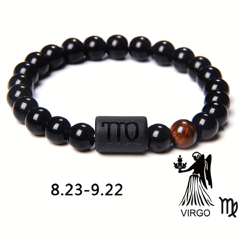 1pc Unisex 12 Constellation Signs Beads Bracelet, Black Stone Elastic Bracelet, Couples Bracelet, Charm Bracelet For Women Men Birthday Gift, Leo, Taurus, Capricorn, Libra Bracelet