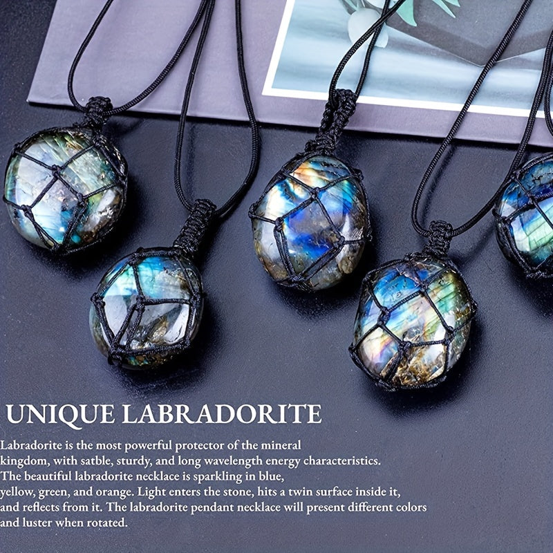 1pcs Natural Labradorite Necklace Pendant Healing Crystal Stone Braided Black Tassel Labradorite Crystal Jewelry For Men Women