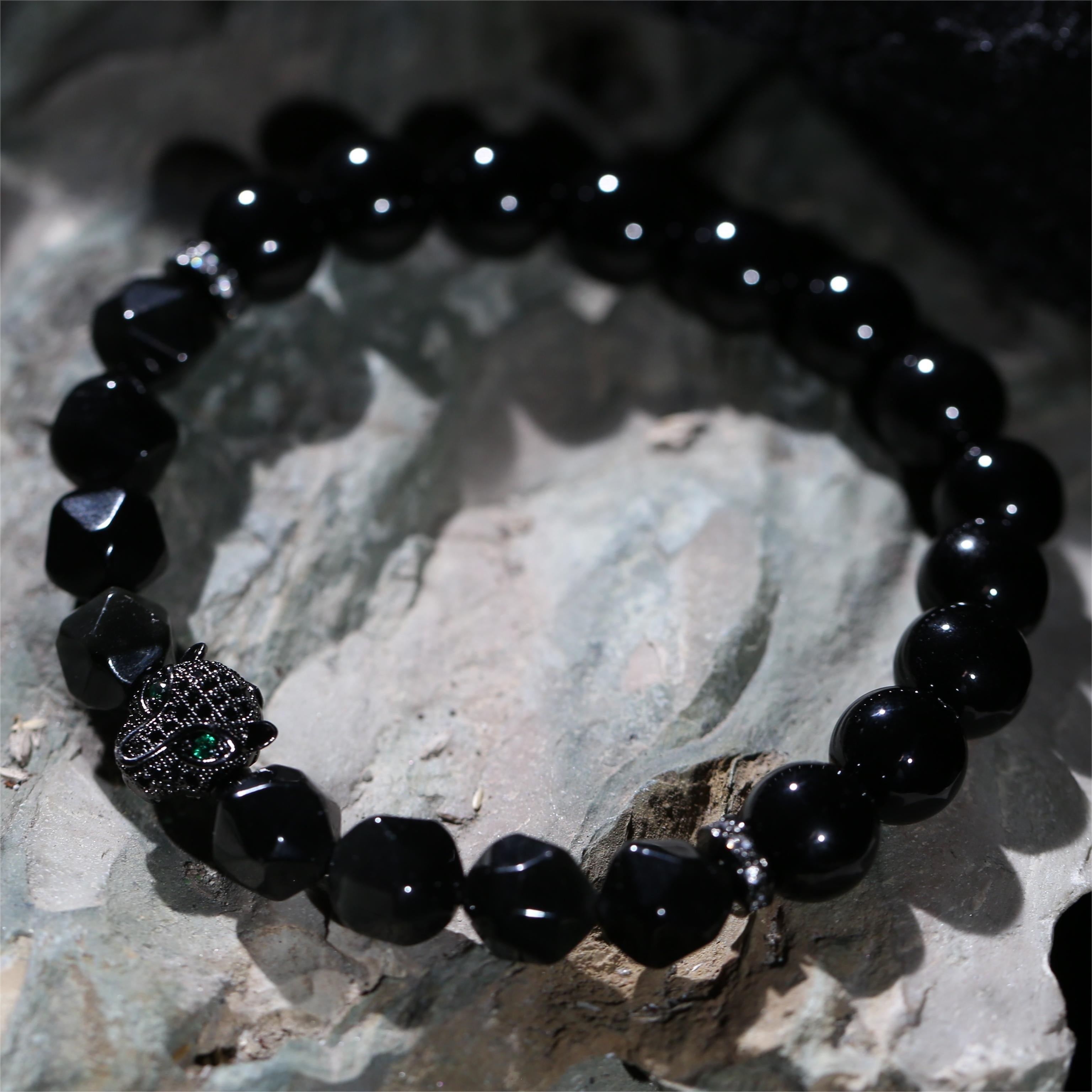 100% Handcrafted, Natural Black Obsidian Black Agate Green Eye Diamond Black Panther Bracelet, 10mm Beads, With Gift Box, Your Unisex Jewelry, Punk Style, Gift for Him/Her, Suitable for Birthdays/Anniversaries/Valentine's Day