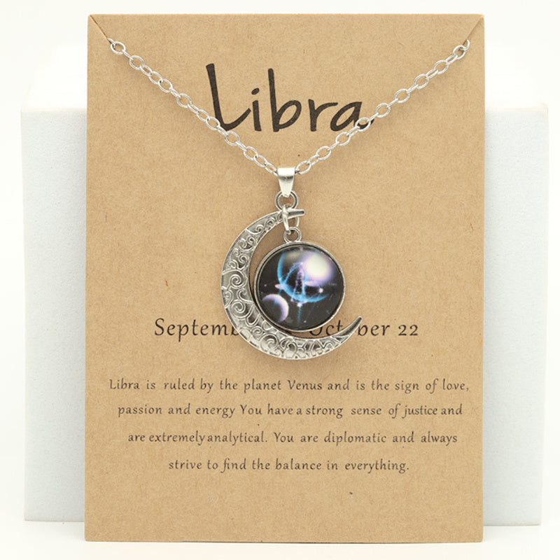 Cross-border New Luminous 12 Zodiac Necklace Retro Moon Pendant Card Short Necklace, father's day gift