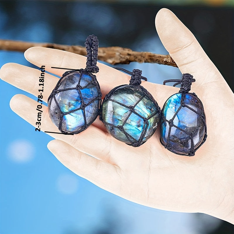 1pcs Natural Labradorite Necklace Pendant Healing Crystal Stone Braided Black Tassel Labradorite Crystal Jewelry For Men Women