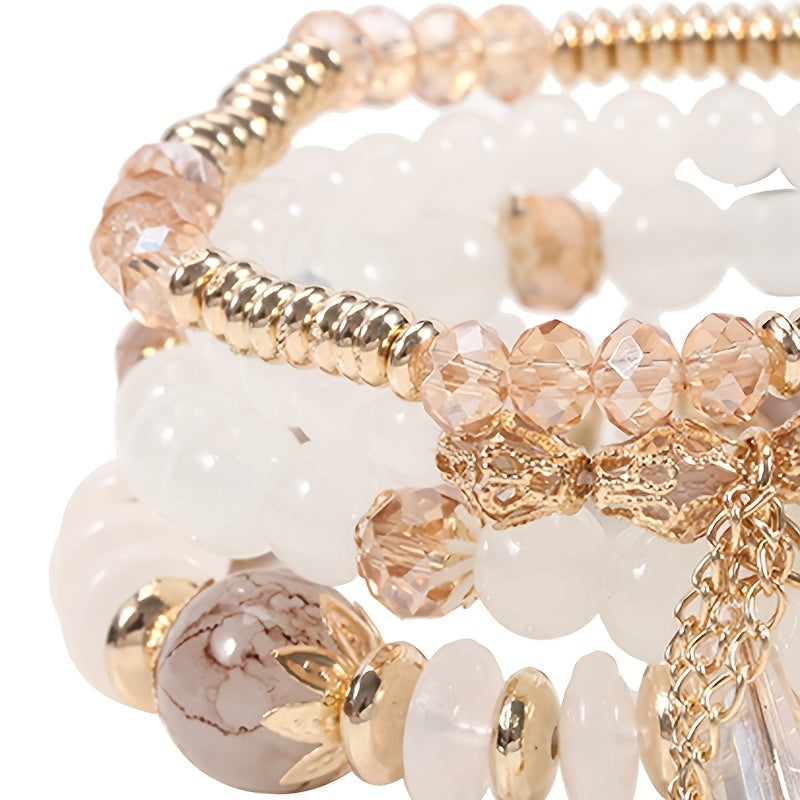 4pcs Chic Boho-Inspired Bracelet Set - Colorful Faux Agate & Glass Crystal, Chain Tassel Detail - Perfect Gift for Fashion Enthusiasts