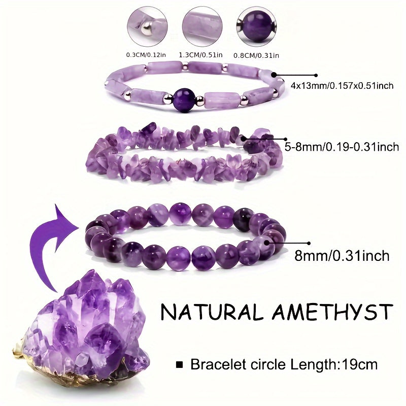 3-Piece Set Natural Amethyst Healing Crystal Bracelet Set, Energy Stone Women's Bangle, Holiday Gift For Girlfriend And Mom